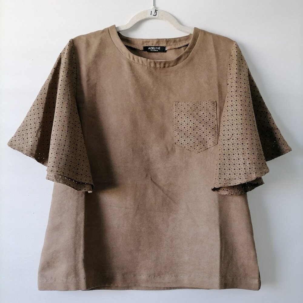 Adeline Los Angeles Womens Tan Brown Crew Neck Eyelet Flared Sleeve T-Shirt Sz S